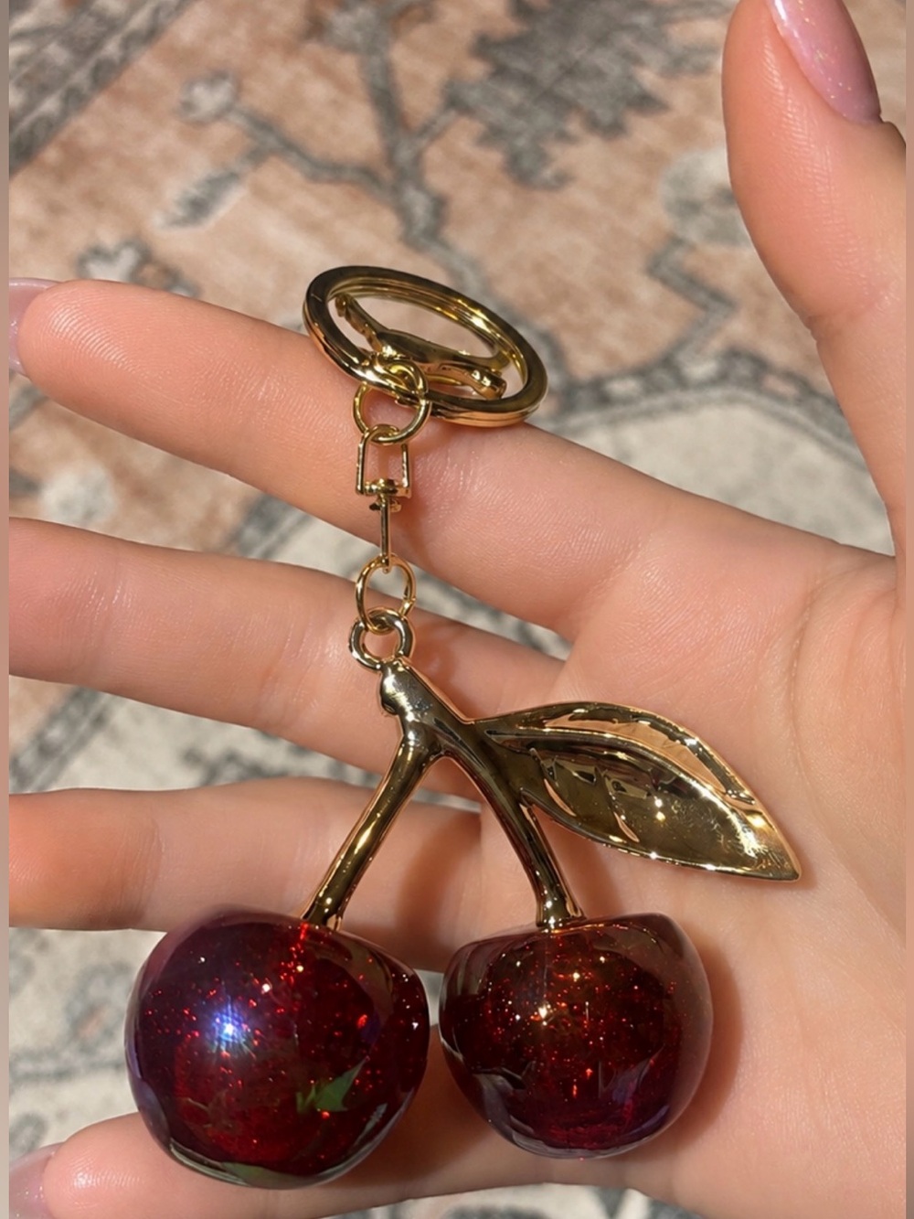 “C” Inspired Large Gold Cherry Keychain - Red Cherry Charm